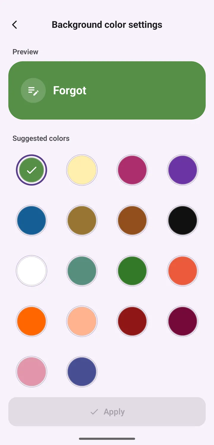 Background color settings: a preview and 18 preset colors