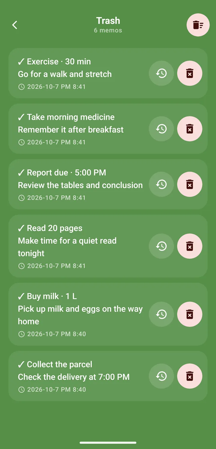 Trash: six deleted notes with restore and delete-forever buttons