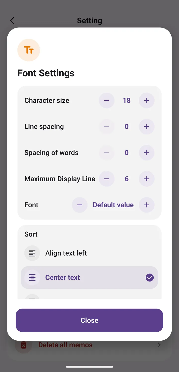 Font settings: text size, line spacing, letter spacing, max lines, font and alignment