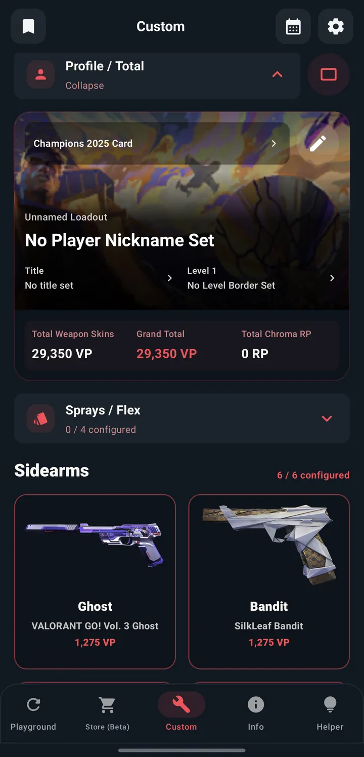The Custom tab in the GO VAL app, showing spray slots and the sidearm skin list.