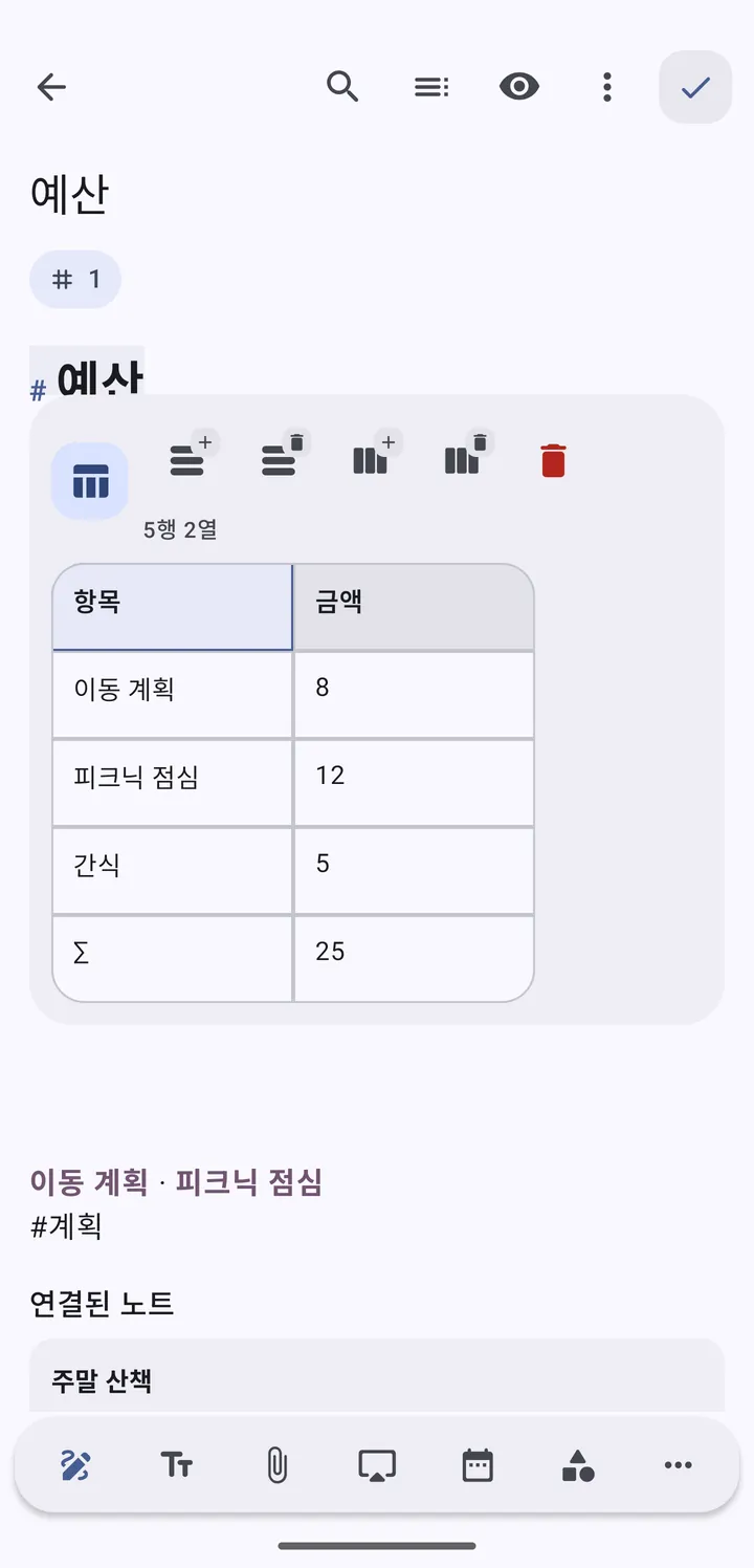 항목과 금액을 적고 합계(Σ)를 낸 표 편집 화면